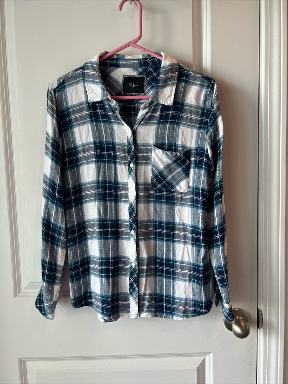 Rails Plaid Button-Down Shirt in White and Blue. Medium